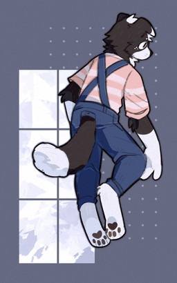 anthro arm_tuft black_body black_fur blue_bottomwear blue_clothing blue_pants bottomwear cheek_tuft clothed clothing elbow_tuft facial_tuft floppy_ears fur head_tuft male neck_tuft pants pattern_clothing pattern_topwear pink_clothing pink_topwear rear_view simple_background solo striped_clothing striped_topwear stripes topwear tuft unsigned white_body white_clothing white_fur white_topwear asnnonaka border_collie canid canine canis collie domestic_dog herding_dog mammal pastoral_dog sheepdog 5:8 full-length_portrait hi_res portrait