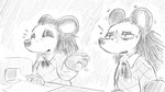 16:9 animal_crossing anthro bodily_fluids clothed clothing dialogue_in_description dragonweirdo ears_up emanata eulipotyphlan eyes_closed female freckles gesture greyscale half-closed_eyes hand_gesture hedgehog hi_res kerchief mammal monochrome motion_lines narrowed_eyes neckerchief nintendo quills_(anatomy) sable_able sewing_machine simple_background snout solo story story_in_description sweat sweatdrop topwear tremble_spikes widescreen worried