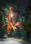 4_toes 5_fingers abs anthro bathing black_stripes convenient_censorship digitigrade feet fingers fur male muscular nude orange_body orange_fur sitting solo striped_body striped_fur stripes tail toes water wet kuroi-kisin felid mammal pantherine tiger hi_res