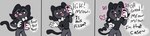 anthro base_one_layout black_body black_clothing black_fur black_shirt black_topwear bow_tie cat_tail clothing comic_panel curling_tail dialogue electronics exclamation_point eyes_closed female flower fur gloves grey_background handwear one_row_layout phone phone_call pink_nose plant question_mark raised_arm shirt simple_background smile solo speech_bubble standing tail talking_to_another teeth text three_frame_image tongue tongue_out topwear typing white_eyes wide_image doodlebunnyart cinny_(doodlebunnyart) domestic_cat felid feline felis humanoid mammal comic hi_res long_image