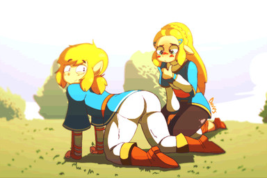all_fours biped blonde_hair blush butt butt_slap clothed clothing duo female fully_clothed gesture hair hand_gesture humanoid_on_humanoid humanoid_pointy_ears kneeling long_hair looking_back male male/female not_furry pointy_ears slap smile smiling_at_viewer spanking thumbs_up diives breath_of_the_wild nintendo the_legend_of_zelda link princess_zelda humanoid hylian mammal 2017 2d_animation 3:2 animated animated_gif frame_by_frame short_playtime