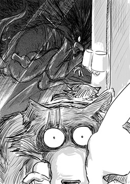 anthro bed bite blood blood_spray bodily_fluids clothing duo female footwear from_front_position furniture hallucination hotel_room lamp lying male male/female mirror missionary_position neck_bite notched_ear on_back reflection scar sex socks dragonweirdo beastars haru_(beastars) legoshi_(beastars) canid canine canis lagomorph leporid mammal rabbit wolf absurd_res comic hi_res