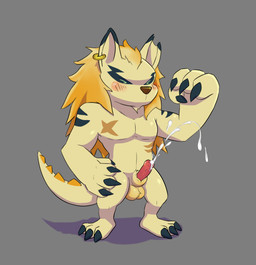 animal_genitalia anthro balls blonde_hair blush bodily_fluids claws cum ear_piercing ear_ring ear_scar ejaculation eyes_closed flexing genital_fluids genitals green_eyes hair long_hair male muscular penis piercing ring_piercing scar sheath solo spiked_tail spikes spikes_(anatomy) tail wattacat the_lonesome_guild sapallan_(the_lonesome_guild) canid mammal scalemoyed hi_res