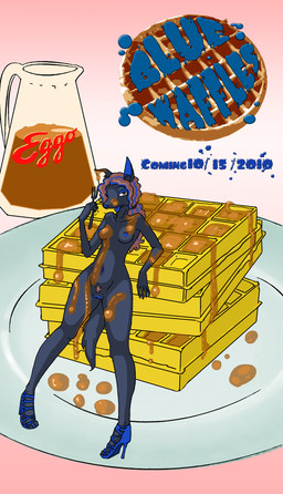 ankle_strap_heels anthro biped black_body black_fur blue_clothing blue_footwear blue_high_heels blue_vulva clothing cutlery female food food_fetish food_play footwear fork fur genitals high_heeled_sandals high_heels kitchen_utensils micro nipples sandals shoes solo syrup tail text tools vulva waffle rohypnol eggo sherri_mayim canid canine canis domestic_dog mammal mastiff molosser shar_pei english_text hi_res