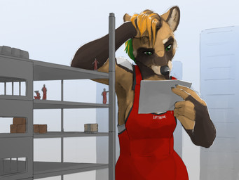 anthro box breasts brown_body brown_fur building city claws clothed clothing confusion construction construction_site construction_worker container crate extreme_size_difference female female_anthro finger_claws fur gentle_giant green_eyes green_hair group hair inner_ear_fluff larger_anthro larger_female macro macro_anthro macro_female male multicolored_body multicolored_fur orange_hair outside reading size_difference smaller_human smaller_male tan_body tan_fur tuft white_body white_fur ipoke african_wild_dog canid canine human mammal 4:3 digital_media_(artwork) hi_res