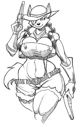 anthro belt big_breasts bottomwear breasts bullet bullet_belt clothing crop_top female fur gloves gun hair handgun handwear headgear headwear huge_breasts jacket navel nipple_outline one_eye_obstructed pistol ranged_weapon shirt shorts solo thick_thighs topwear weapon wide_hips jaeh june_coyote canid canine canis coyote mammal 2011 line_art monochrome traditional_media_(artwork)