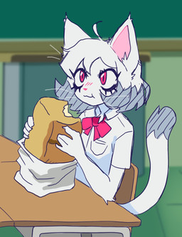 5_fingers ahoge anthro blush blush_lines bread bread_loaf chair classroom claws clothing desk eating eyelashes female female_anthro finger_claws fingers flat_chested food fur furniture grey_body grey_fur grey_hair hair kemono multicolored_body multicolored_fur multicolored_hair parody pink_eyes school school_uniform short_hair sitting solo table two_tone_body two_tone_fur two_tone_hair uniform whiskers white_body white_fur white_hair robosylveon bleach_(series) robo_(robosylveon) domestic_cat felid feline felis mammal 2023 digital_media_(artwork) hi_res