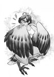 blush breasts clothing embarrassed eyewear feathered_wings feathers feet female glasses looking_at_viewer shirt solo standing talons toes topwear wings nakitacat european_mythology greek_mythology mythology avian harpy humanoid mythological_avian mythological_creature 2023 hi_res monochrome