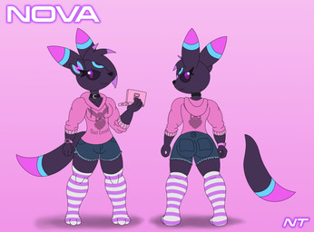 anthro black_body black_fur black_sclera bottomwear bow_ribbon clock clothed clothing collar eyelashes facial_markings female fur hair head_markings head_tuft highlights_(coloring) holding_object hoodie hotpants legwear markings multicolored_body multicolored_ears multicolored_fur multicolored_tail pattern_clothing pattern_legwear pattern_stockings pink_clothing pink_hoodie pink_topwear pokemorph purple_eyes ring_(marking) shorts simple_background solo stockings striped_clothing striped_legwear striped_stockings stripes tail thigh_highs topwear tuft watch ninjatreecko nintendo nintendo_ds nintendo_ds_family pokemon fan_character eeveelution generation_2_pokemon generation_6_pokemon hybrid hybrid_pokemon pokemon_(species) sylveon umbreon hi_res model_sheet