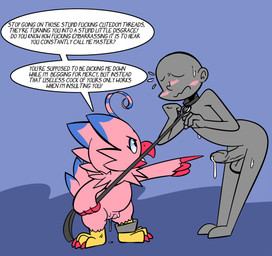 bent_over blush bodily_fluids cum dialogue dirty_talk dominant dominant_female duo erection feathers female feral genital_fluids genitals gesture hand_gesture humiliation humiliation_fetish insult larger_sub leash leash_pull male pink_body pink_feathers pointing pointing_at_another precum profanity secretly_loves_it shy size_difference submissive sweat text vaginal_fluids vulva not_a_furfag bandai_namco digimon anon biyomon digimon_(species) humanoid english_text