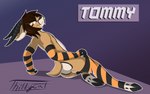 anthro balls brown_hair butt clothing clothing_pull genitals hair hooves horn legwear looking_at_viewer lying male on_side orange_eyes pose solo stockings stripes thibbycat tommy_(ssinister) antelope bovid gazelle mammal hi_res pinup