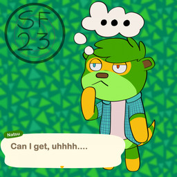 anthro blue_eyes chibi clothed clothing fur green_body green_fur hair heterochromia male multicolored_body multicolored_fur orange_body orange_fur red_eyes simple_background solo tail text natsutheott animal_crossing nintendo natsu_hasegawa hybrid mammal mustelid otter procyonid raccoon 1:1 2023 colored digital_drawing_(artwork) digital_media_(artwork) english_text hi_res