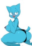 anthro anus areola areola_slip big_breasts bikini blush breasts clothing female kneeling looking_at_viewer looking_back open_mouth simple_background solo swimwear two-piece_swimsuit white_background fufucatu cartoon_network the_amazing_world_of_gumball nicole_watterson domestic_cat felid feline felis mammal