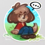 anthro bottomwear clothing dialogue expressionless footwear jacket looking_at_viewer male necktie pants shirt shoes sitting sitting_on_grass sitting_on_ground solo speech_bubble text topwear panken animal_crossing nintendo digby_(animal_crossing) canid canine canis domestic_dog mammal shih_tzu toy_dog