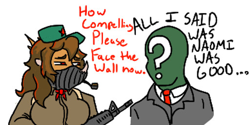 anthro brown_body brown_hair clothed clothing duo facial_horn female green_body green_skin gun hair hat headgear headwear horn long_hair male mask necktie question_mark ranged_weapon red_eyes rifle simple_background spikes spikes_(anatomy) suit text weapon wearing_mask white_background unknown_artist cavemanon_studios goodbye_volcano_high ko_op_(game_developer) snoot_game anon rosa_(gvh) aquilops ceratopsian dinosaur marginocephalian ornithischian prehistoric_species reptile scalie english_text low_res meme