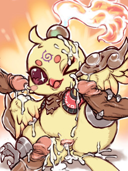 >_o anthro avian_feet beak bodily_fluids bukkake butt circle_eyebrows cross_pupils cum cum_drip cum_from_cloaca cum_in_cloaca cum_inside cum_on_butt cum_on_cheek cum_on_face cum_on_ground cum_on_leg cum_on_own_penis cum_on_penis cum_on_self cum_on_tail cum_on_wings cum_string cumshot disembodied_penis dripping ejaculation eyebrows eyeliner facial_markings feathers feet female female_focus fire flaming_hair foot_fetish foot_play footjob forehead_markings genital_fluids genitals glistening glistening_eyes gradient_background group head_markings heart_catchlight human_on_anthro humanoid_genitalia humanoid_penis interspecies leaking_cum looking_at_genitalia looking_at_penis makeup male markings no_sclera outline penile penis pseudo_hair pull_out red_beak red_eyeliner red_eyes semi-anthro sex simple_background size_difference smaller_female tail tail_feathers white_outline yellow_body yellow_feathers diru duel_masters avian bird chicken galliform human mammal phasianid 3:4 hi_res