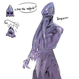 anthro black_sclera chibi face_tentacles humor male muscular muscular_anthro muscular_male pecs purple_body purple_eyes shirtless solo tentacles text liuxns baldur's_gate baldur's_gate_3 bioware dungeons_and_dragons electronic_arts hasbro larian_studios wizards_of_the_coast the_emperor_(baldur's_gate) mind_flayer 1:1 english_text hi_res