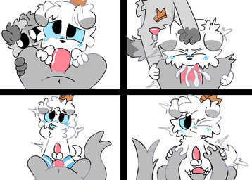 anal animal_genitalia animal_penis anthro assisted_oral biped black_eyes blue_blush blush bodily_fluids bottom_pov canine_genitalia canine_penis crown cum cum_in_mouth cum_inside ejaculation fangs fellatio first_person_view fur genital_fluids genitals grey_body grey_fur grey_hair grey_tail group hair hand_behind_back hand_holding hand_on_head headgear lying male male/male male_pov motion_lines on_back one_eye_closed open_mouth oral penile penis pushing_down sex simple_background tail teeth top_pov trio white_background white_body white_fur white_hair white_tail young young_anthro mrdreams lunito_(mrdreams) tiberius_magnus zero_(mrdreams) canid canine canis domestic_cat domestic_dog felid feline felis mammal 2026 comic