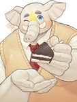 anthro blue_eyes blush cake clothing dessert feeding feeding_viewer food heart_symbol male necktie one_eye_closed overweight proboscis_(anatomy) solo topwear trunk trunk_(anatomy) tusks vest wink who_corals tamacolle hizen_(tamacolle) elephant elephantid mammal proboscidean hi_res