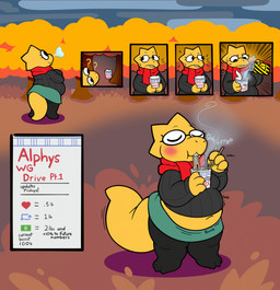 anthro belly blush bodily_fluids bottomwear breath buckteeth chopsticks clothed clothing eating eyelashes eyes_closed eyewear female flying_sweatdrops food glasses instant_noodles leggings legwear looking_around motion_lines navel noodles outside overweight overweight_anthro overweight_female plant question_mark scarf skirt smile solo sound_effects standing steam sweat sweatdrop sweater tail teeth text thick_tail topwear tree weight_gain weight_gain_sequence yellow_body geckomania undertale_(series) alphys lizard reptile scalie 2025 comic english_text hi_res trans_(lore) trans_woman_(lore)