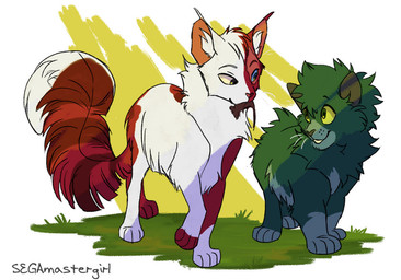 ambiguous_gender burn_scar duo facial_scar feral feralized fluffy fluffy_tail fur green_body green_eyes green_fur heterochromia long_tail multicolored_body multicolored_fur scar tail tailless text two_tone_body two_tone_fur segamastergirl my_hero_academia warriors_(book_series) izuku_midoriya todoroki_shouto domestic_cat felid feline felis mammal artist_name crossover
