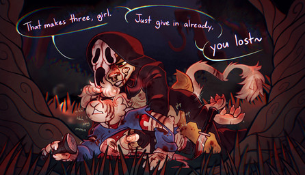 blood blood_on_face blood_on_hand blood_splatter bodily_fluids breast_grab breasts claws cosplay dialogue female flashlight forced forest forest_background forest_sex grass hand_on_breast holding_flashlight holding_object lying lying_on_ground nature nature_background on_front on_ground outside plant scratched_arm scratched_up scratches text tree crownedvictory dead_by_daylight scream_(films) aleks_(stewiesleeps) crowned ghostface_(scream) bear hybrid mammal mouse murid murine rodent 2025 absurd_res colored digital_drawing_(artwork) digital_media_(artwork) english_description english_text handwritten_text hi_res warm_colors