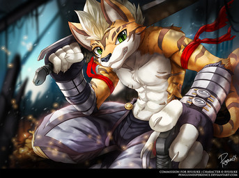 anthro bared_teeth black_nose blonde_hair bottomwear brown_markings brown_stripes clothed clothing fur glistening glistening_eyes green_eyes grey_bottomwear grey_clothing grey_pants hair holding_melee_weapon holding_object holding_sword holding_weapon male markings melee_weapon pants solo striped_arms stripes sword topless weapon white_body white_fur yellow_body yellow_fur penguinexperience ryusuke_kasagawa felid mammal pantherine tiger signature