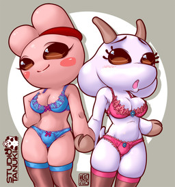 anthro biped bulge clothed clothed_anthro clothed_female clothing duo female female_anthro hoof_hands hooves legwear lingerie lingerie_panties logo looking_at_viewer pose smile smiling_at_viewer stockings text bunny_maloney_meko bunny_maloney candy_bunny charlotte_(bm) bovid bovine caprine goat lagomorph leporid mammal rabbit 2025 artist_logo dated digital_drawing_(artwork) digital_media_(artwork) english_text hi_res official_art portrait shaded soft_shading three-quarter_portrait