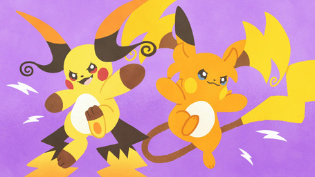 2_tails ambiguous_gender anthro blue_eyes duo electricity fangs featureless_crotch fur looking_at_viewer multi_tail open_mouth orange_body orange_fur pawpads paws red_eyes simple_background tail teeth tongue yellow_body ririkodraw nintendo pokemon pokemon_legends_z-a generation_9_pokemon mega_evolution mega_raichu mega_raichu_x mega_raichu_y pokemon_(species) 16:9 2025 hi_res widescreen