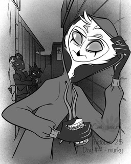 alley anthro beak bottle bottomwear broken_window cigarette cigarette_in_mouth cigarette_smoke clothing container crossed_arms drugs evil_grin fangs feathers group hair holding_bottle holding_cigarette holding_container holding_object hoodie horn male mouth_closed multi_eye object_in_mouth pants pill_bottle pills shirt smile smoke spade_tail tail tank_top teeth text topwear trio atimon hellaverse helluva_boss stolas_(helluva_boss) avian demon imp 2025 4:5 hi_res monochrome signature