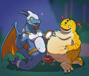 animal_genitalia armor belly blue_body duo erection genital_slit genitals headgear helmet horn looking_pleasured male male/male male_penetrated male_penetrating male_penetrating_male muscular muscular_male mutual_penetration overweight pecs penetration penis sex sitting slit_penetration slit_play smile smirk wings yellow_body argon_vile dragon_quest mythology square_enix dragon jargon mandrake_major mythological_creature mythological_scalie scalie hi_res