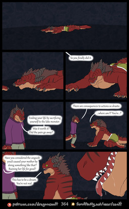 age_difference all_fours anthro barefoot black_horn black_stripes bodily_fluids bottomwear brown_hair clothed clothing dialogue drooling eye_contact feet fur furaffinity_logo getting_up green_bottomwear green_clothing green_shorts group hair horn looking_at_another lying male on_front on_ground page_number pants past_meets_present patreon_logo red_body red_fur saliva saliva_on_tongue sharp_teeth shorts spiked_tail spikes spikes_(anatomy) square_crossover standing stripes sweater tail tan_body tan_fur teeth text tongue tongue_out topless topwear trio younger_male rimentus furaffinity mythology patreon coalt dragon furred_dragon furred_scalie mythological_creature mythological_scalie scalie wingless_dragon comic english_text hi_res url