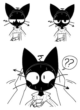 anthro biped black_body bodily_fluids cellphone clothed clothing duo electronics female fingers holding_cellphone holding_object holding_phone holding_smartphone looking_at_viewer phone pupils question_mark simple_background slit_pupils small_pupils smartphone solo_focus speech_bubble sweat sweather white_background sabgong clock_cat_(sabgong) domestic_cat felid feline felis mammal black_and_white hi_res monochrome