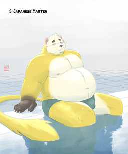 anthro belly big_belly clothing kemono male moobs nipples overweight overweight_male sitting solo swimming_pool swimwear text nookdae gulonine japanese_marten mammal marten mustelid musteline 2026 english_text hi_res