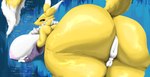 anthro anus areola big_breasts big_butt black_eyes breasts butt clothing female fur genitals looking_at_viewer nipples nude obese obese_anthro overweight overweight_anthro presenting presenting_hindquarters puffy_anus pussy solo tail text thick_thighs white_body yellow_body mop_(artist) bandai_namco digimon canid digimon_(species) mammal renamon absurd_res digital_media_(artwork) hi_res