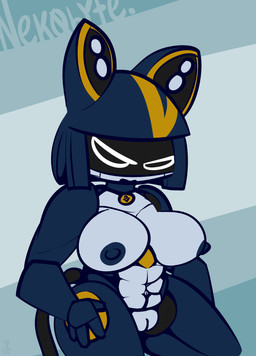 4_fingers anthro big_breasts black_inner_ear blonde_hair blue_collar blue_hair blue_nipples breasts collar collar_only female fingers front_view genitals hair half-closed_eyes hand_on_leg hand_on_thigh kneeling looking_at_viewer machine metallic_body muscular muscular_anthro muscular_female narrowed_eyes nipples no_pupils nude open_mouth solo text thick_thighs vulva thefablednekos nek0byte domestic_cat felid feline felis mammal robot 2021 character_name dated digital_media_(artwork) hi_res