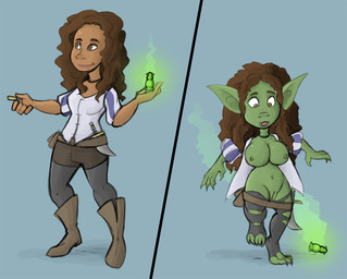 before_and_after big_breasts boots bottomwear breast_expansion breasts brown_hair clothing dagger expansion female footwear genitals hair human_to_humanoid humanoid_pointy_ears looking_down melee_weapon navel nipples not_furry pointy_ears shoes short_stackification shorts shortstack shortstack_female shrinking simple_background size_transformation smile solo species_transformation standing surprised torn_clothing transformation vulva weapon mr-haitch goblin human humanoid mammal 2018