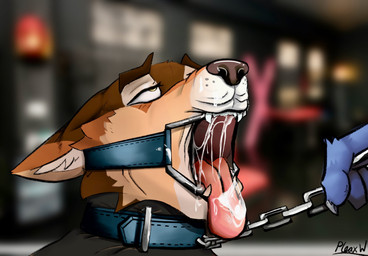 anthro bodily_fluids bound chain chain_leash chained collar cum cum_in_mouth cum_inside cum_on_face dental_gag duo gag gagged genital_fluids leash leash_pull leather male narrowed_eyes open_mouth solo pleaxwolf canid canine canis mammal wolf hi_res