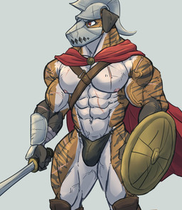 abs anthro armor bulge cape clothing floppy_ears headgear helmet male melee_weapon muscular muscular_male nipples scar shield simple_background solo speedo swimwear sword unconvincing_armor vambrace weapon emoster canid canine mammal 2019 hi_res
