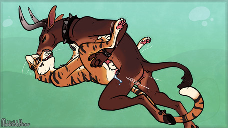 anal anal_penetration animal_genitalia anthro anthro_on_anthro anthro_penetrated anthro_penetrating anthro_penetrating_anthro anus balls black_body black_fur bodily_fluids brown_body brown_fur butt collar countershade_balls countershade_butt countershade_face countershade_feet countershade_genitalia countershade_hands countershade_neck countershade_torso countershading cum cum_from_ass cum_in_ass cum_inside cum_on_leg cum_on_self duo ear_piercing erection feet from_front_position fur gauged_ear genital_fluids genitals horn leaking_cum lying male male/male male_anthro male_penetrated male_penetrating male_penetrating_male missionary_position mostly_nude mostly_nude_anthro mostly_nude_male nude nude_anthro nude_male on_back open_mouth open_smile orange_body orange_fur pawpads penetration penile penile_penetration penis penis_in_ass piercing pink_penis sex sheath simple_background smile striped_body striped_fur stripes tail tan_body tan_fur teal_background teeth thrusting whiskers meldritchhorror bovid bovine felid mammal pantherine tiger 16:9 2021 4k absurd_res hi_res widescreen