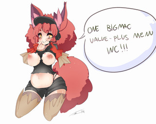 2014 <3 animal_ears anthro big_breasts breasts burger cat_ears chubby clothed clothing english_text female food hair nellko nipples orange_eyes plain_background red_hair slugbox tanyan-art text white_background
Rating: Questionable
Score: 7
User: animeide
Date: April 02, 2014
