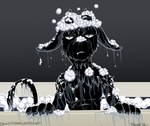 anthro bath black_body claws ears_down grumpy horn looking_at_viewer male pivoted_ears snaggle_tooth solo suds tail text wet kiwaku i_think_i_like_you ozzi_(i_think_i_like_you) demon url
