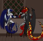 anthro armor container cup duo feathered_wings feathers male male/male membrane_(anatomy) membranous_wings mug tail tavern wings wood_stool european_mythology mythology wings_of_fire galaxy_(dragon) dragon hybrid icewing_(wof) mythological_creature mythological_scalie nightwing_(wof) scalie western_dragon