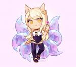 amber_eyes black_clothing black_legwear blonde_hair clothing female front_view hair legwear markings multi_tail solo tail whisker_markings justduet league_of_legends riot_games tencent ahri_(lol) animal_humanoid canid canid_humanoid canine canine_humanoid fox_humanoid humanoid mammal mammal_humanoid full-length_portrait portrait