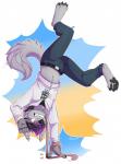 4_toes 5_fingers anthro black_hair black_nose black_pawpads clothed clothing digitigrade feet fingers hair long_tongue male multicolored_hair pawpads purple_hair simple_background solo teeth toes tongue tongue_out two_tone_hair white_background citrinelle lance_(radiantblaze) canid canine canis domestic_dog mammal 2017 digital_media_(artwork) hi_res