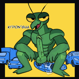 antennae_(anatomy) anthro balls big_penis bodily_fluids car crouching cum cum_on_car erection genital_fluids genitals glans green_body huge_penis humanoid_genitalia humanoid_penis ki'pon'gua_(anthroterra) macro male muscular nude penis simple_background solo vehicle yellow_background yellow_sclera rumortheseagull anthroterra arthropod insect mantis 1:1