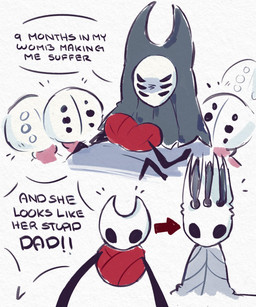 black_arms black_text clothed clothing dialogue group neonate red_clothing text white_body white_head young mixiepixiie hollow_knight_(franchise) nine_months_in_my_womb_making_me_suffer team_cherry herrah_(hollow_knight) hornet_(hollow_knight) pale_king_(hollow_knight) arachnid arthropod weaver_(hollow_knight) english_text hi_res meme daughter_(lore) father_(lore) father_and_child_(lore) father_and_daughter_(lore) mother_(lore) mother_and_child_(lore) mother_and_daughter_(lore) parent_(lore) parent_and_child_(lore) parent_and_daughter_(lore)
