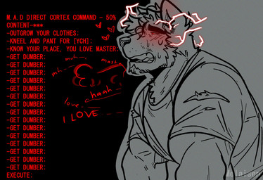 anthro barazoku blush breath clothed clothed_anthro clothed_male clothing electricity facial_hair glowing glowing_eyes intelligence_loss male mind_control moan open_mouth outline red_eyes red_text shirt side_view solo submissive submissive_male t-shirt teeth text topwear melaisen dusk_acres bau_(melaisen) akita canid canine canis domestic_dog mammal spitz 2023 absurd_res artist_name digital_drawing_(artwork) digital_media_(artwork) english_text half-length_portrait hi_res partially_colored portrait