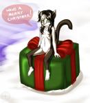 anthro black_hair breasts dialogue female flat_chested genitals gift green_eyes hair holidays loli nipples pussy ribbons simple_background sitting solo text young young_anthro cheetahjab tanukiarts cats_n'_cameras christmas josephine_rodgers domestic_cat felid feline felis mammal absurd_res english_text hi_res