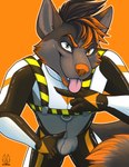 anthro blep bulge fluffy fur hair harness looking_at_viewer male self_grope smile solo tongue tongue_out floofthefennec canid canine mammal absurd_res hi_res